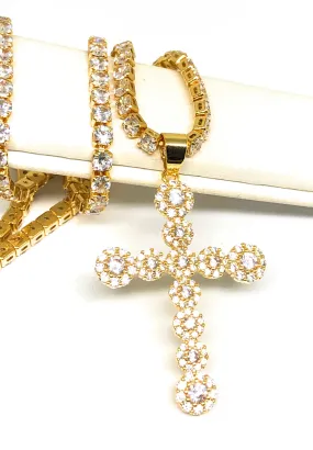 Gold Plated Full Cubic Zirconia Cross 20” Tennis CZ Chain Necklace Cruz