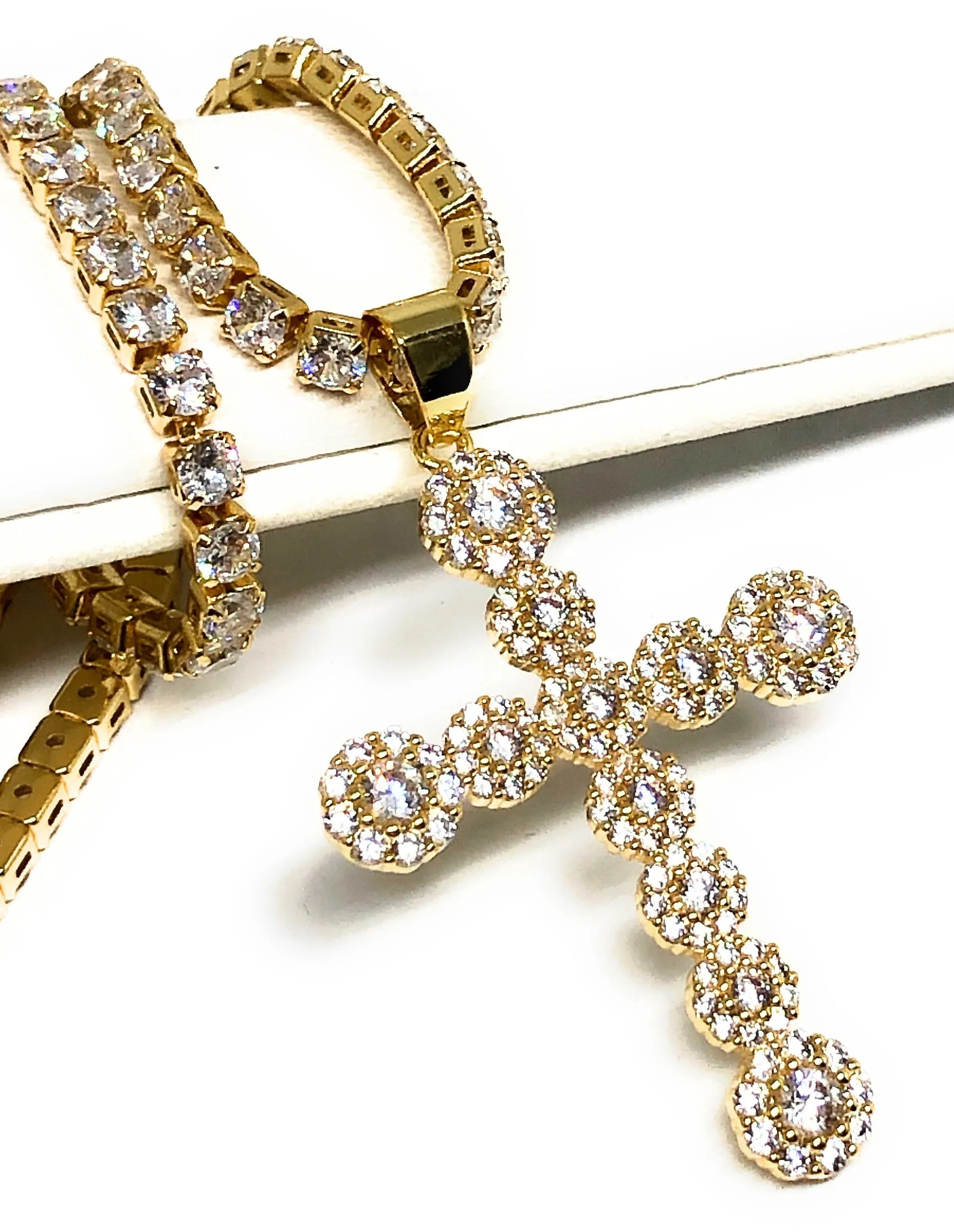 Gold Plated Full Cubic Zirconia Cross 20” Tennis CZ Chain Necklace Cruz