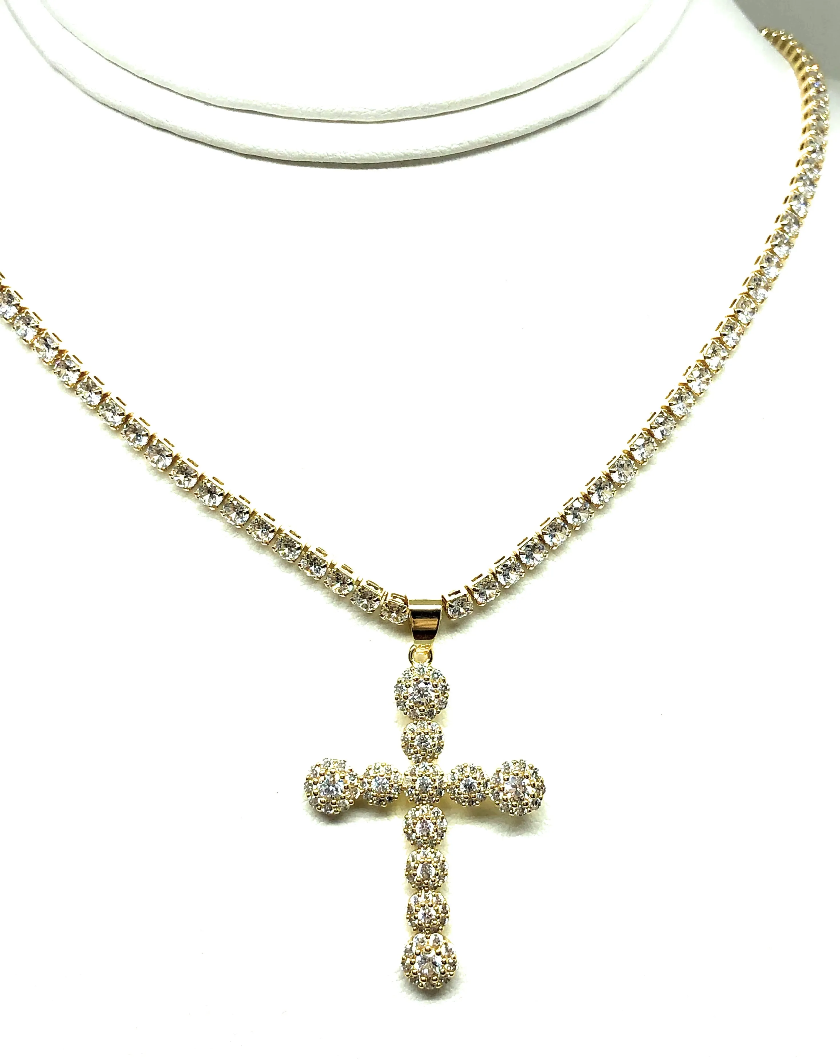 Gold Plated Full Cubic Zirconia Cross 20” Tennis CZ Chain Necklace Cruz