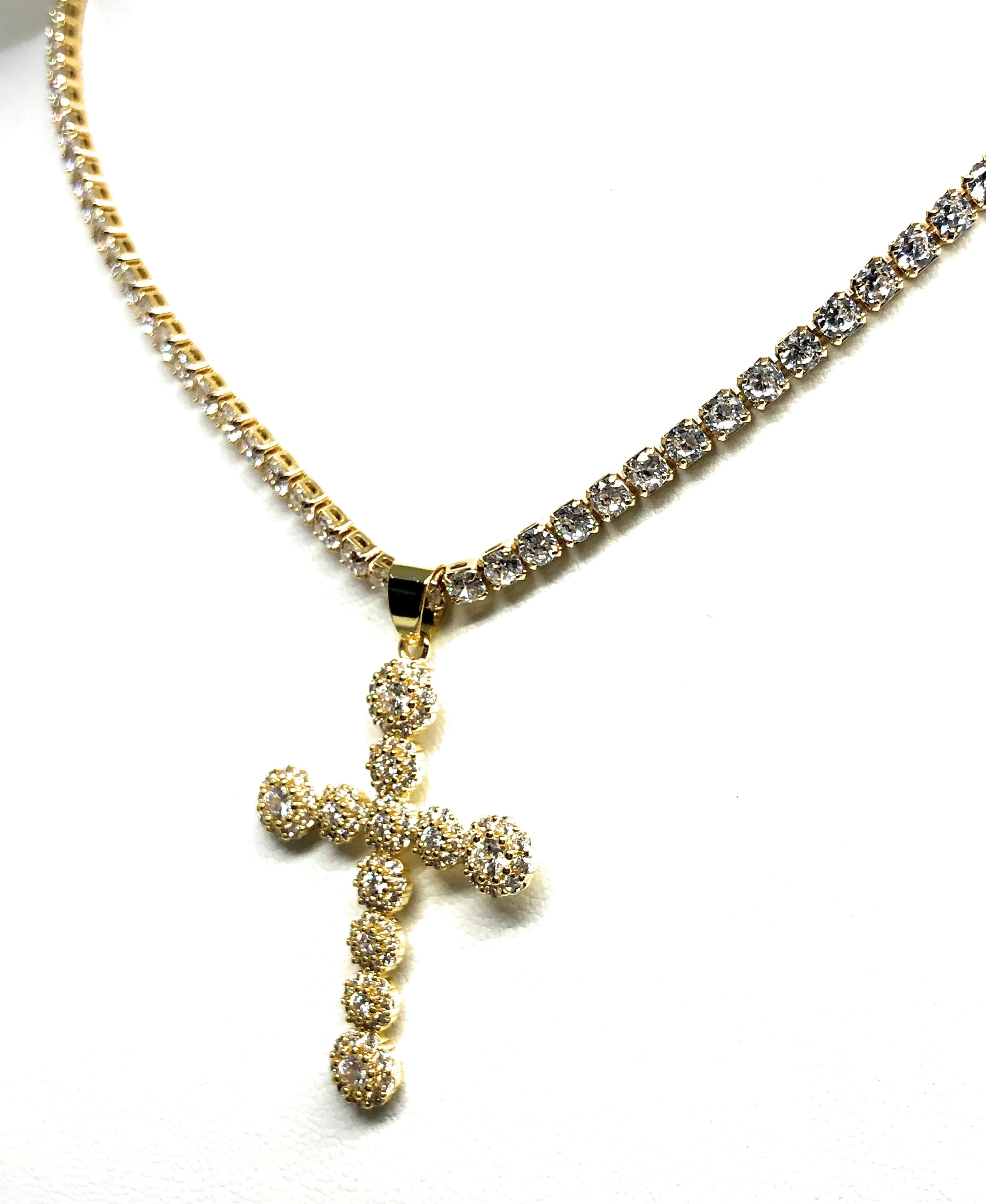 Gold Plated Full Cubic Zirconia Cross 20” Tennis CZ Chain Necklace Cruz