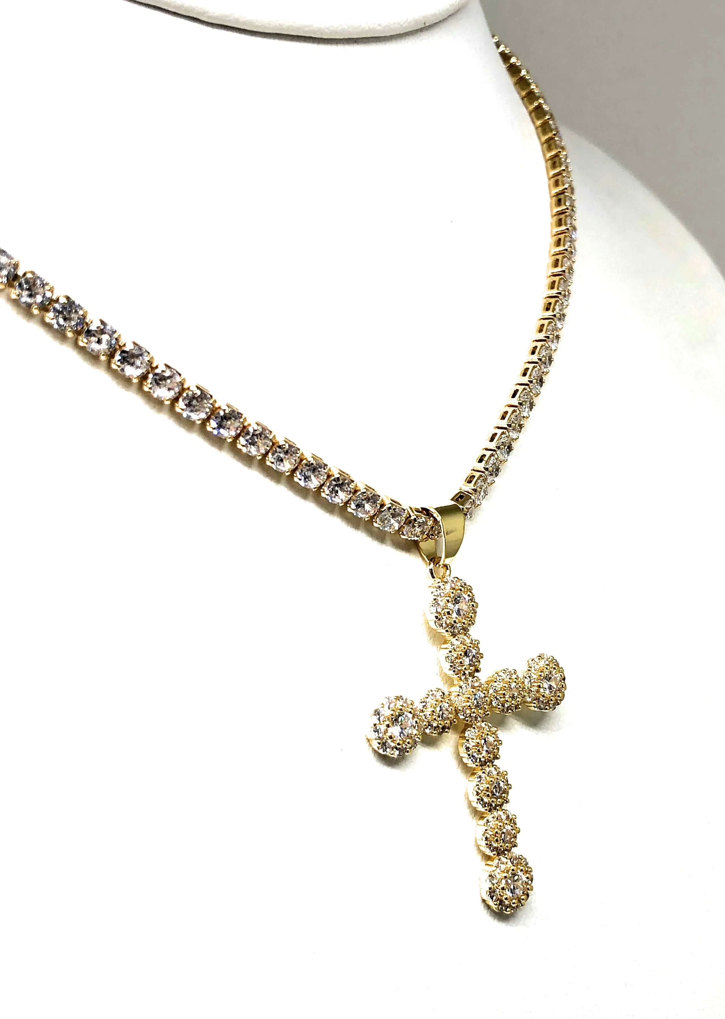 Gold Plated Full Cubic Zirconia Cross 20” Tennis CZ Chain Necklace Cruz