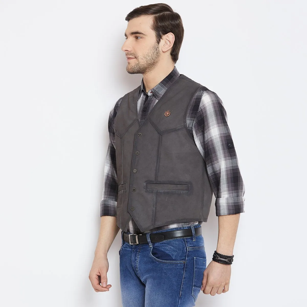 Graphite Collarless Leather Vests By  Brune & Bareskin