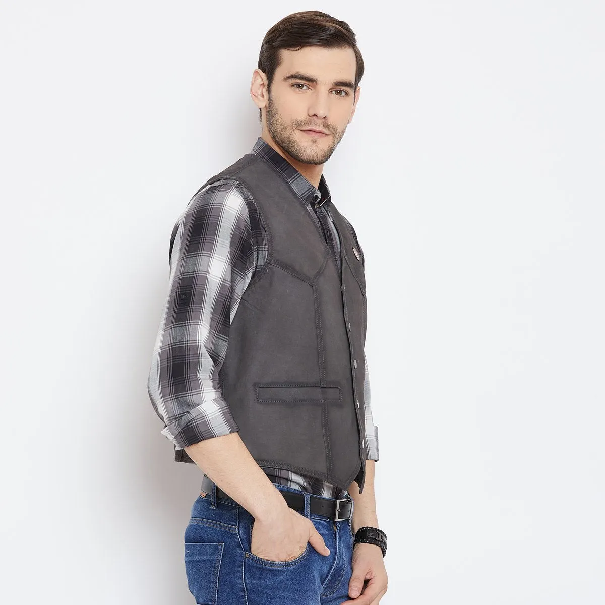 Graphite Collarless Leather Vests By  Brune & Bareskin