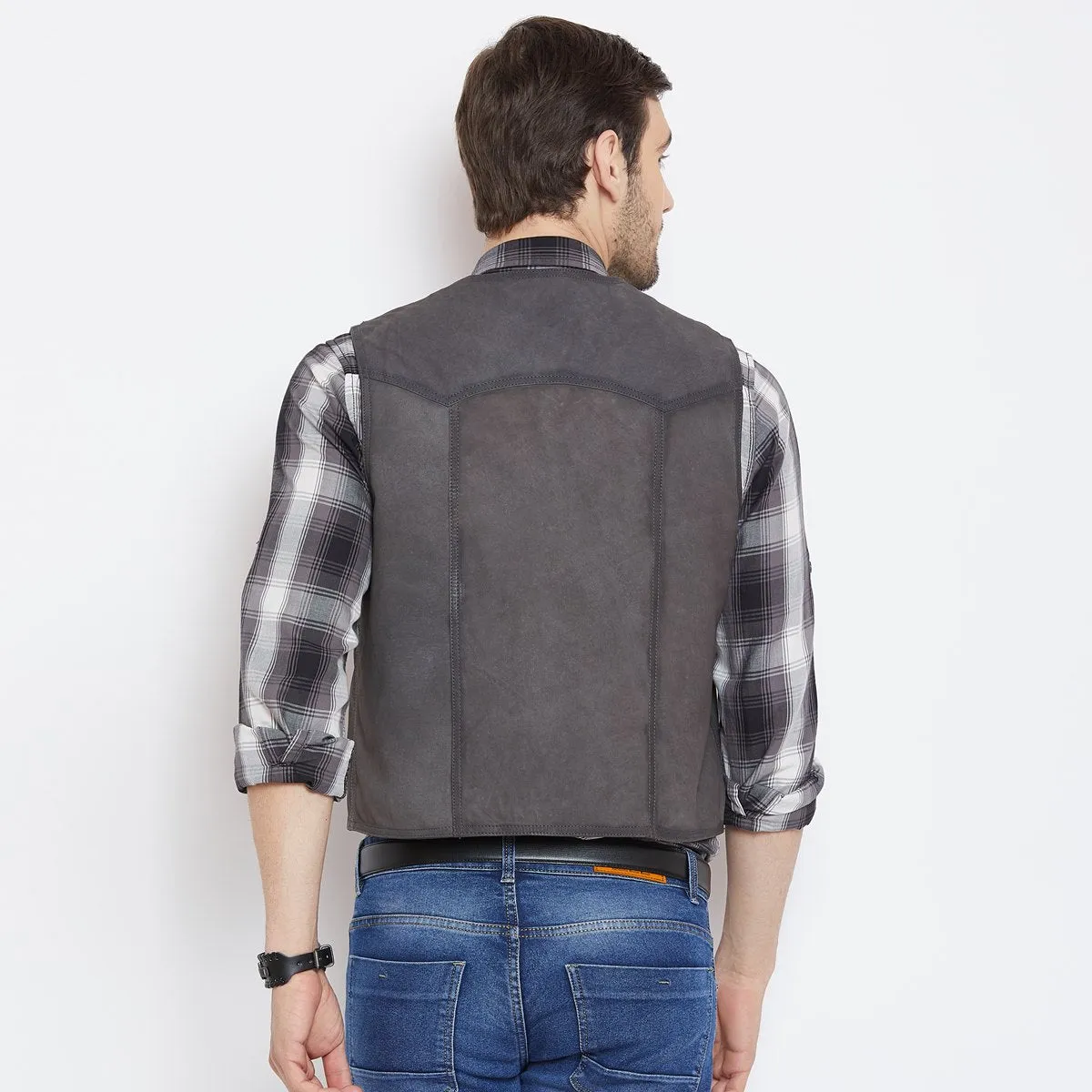 Graphite Collarless Leather Vests By  Brune & Bareskin