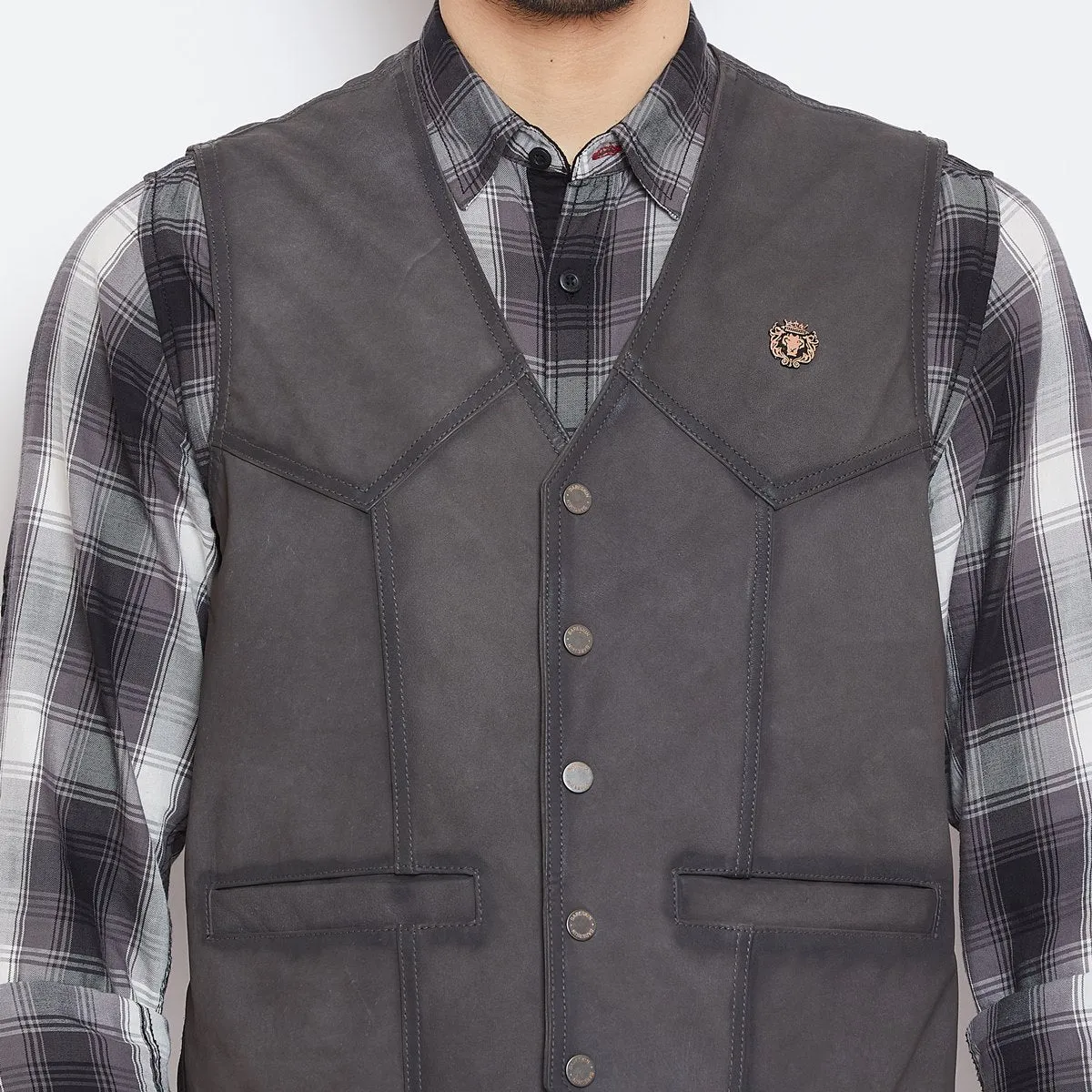 Graphite Collarless Leather Vests By  Brune & Bareskin