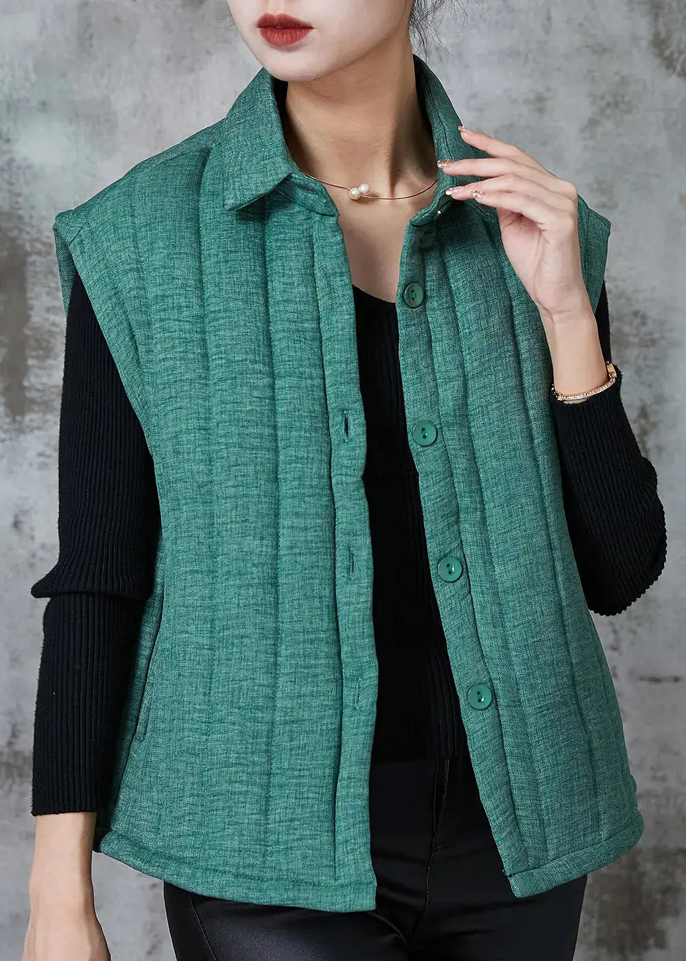 Green Thick Fine Cotton Filled Vest Peter Pan Collar Pockets Spring JK1024