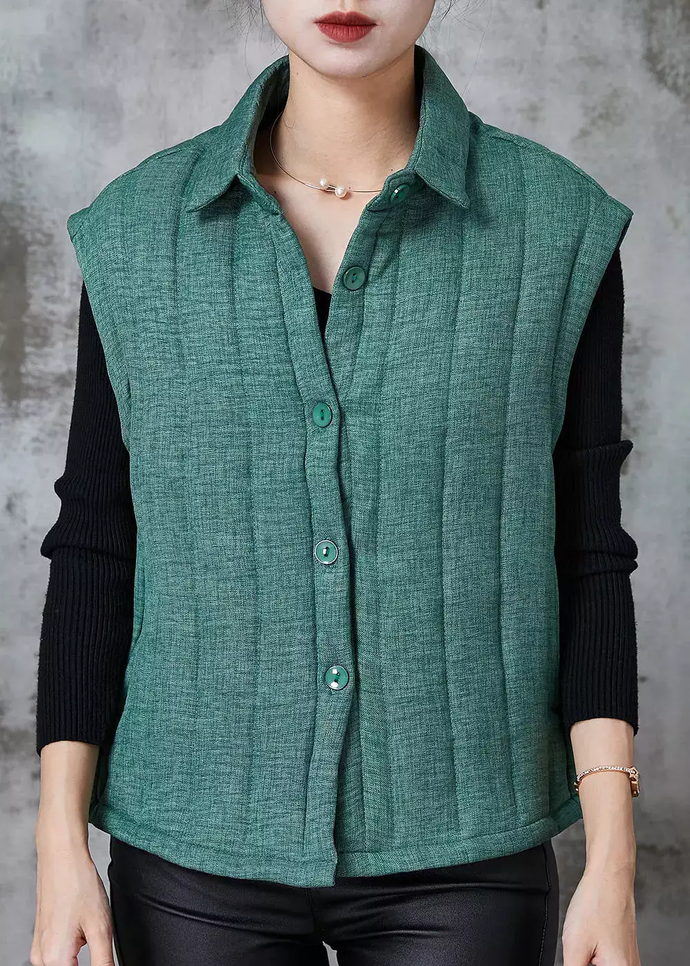 Green Thick Fine Cotton Filled Vest Peter Pan Collar Pockets Spring JK1024