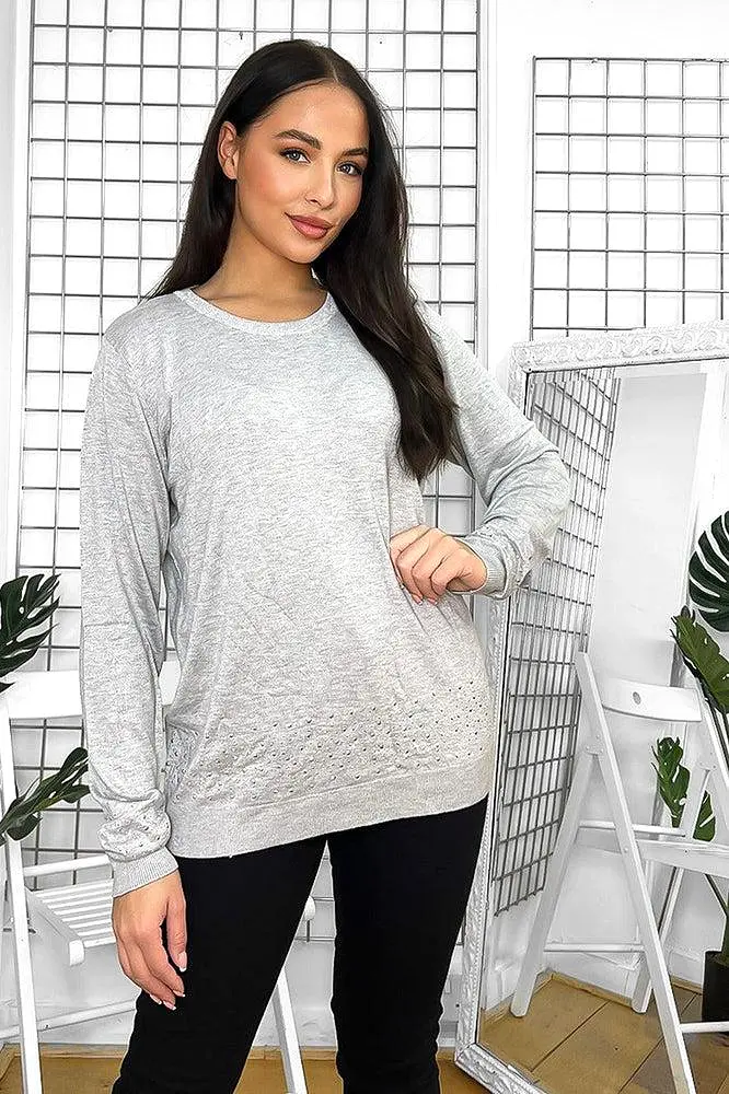 Grey Crystals Embellished Pullover