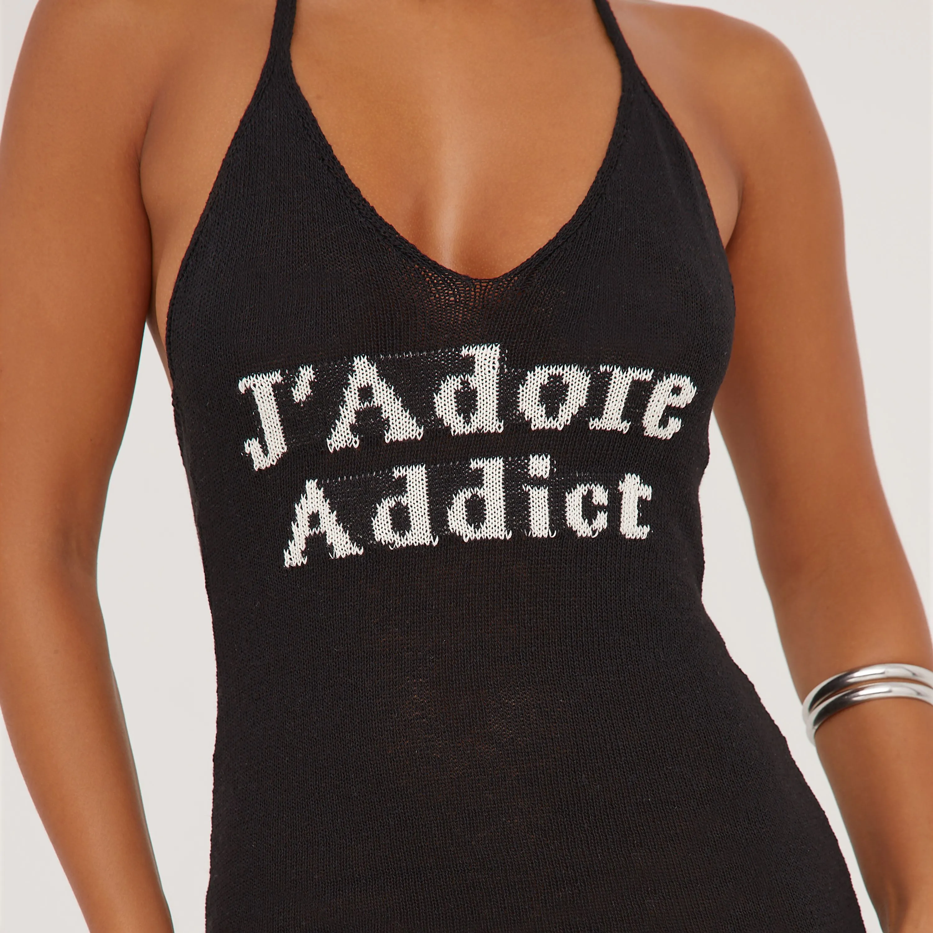 Halterneck 'J'Adore Addict' White Contrast Detail Tassel Hem Knitted Mini Dress In Black