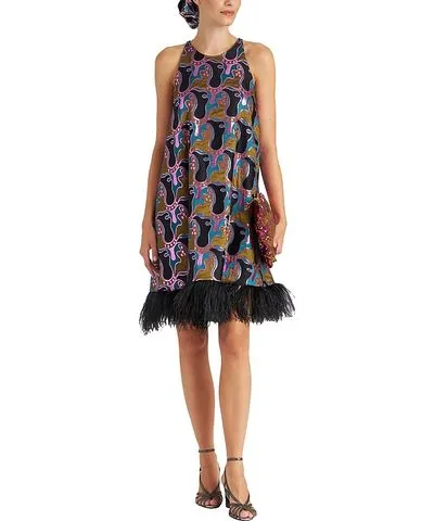 La Doublej La Fenice with Feathers Spritz Blue Petro Mini Dress