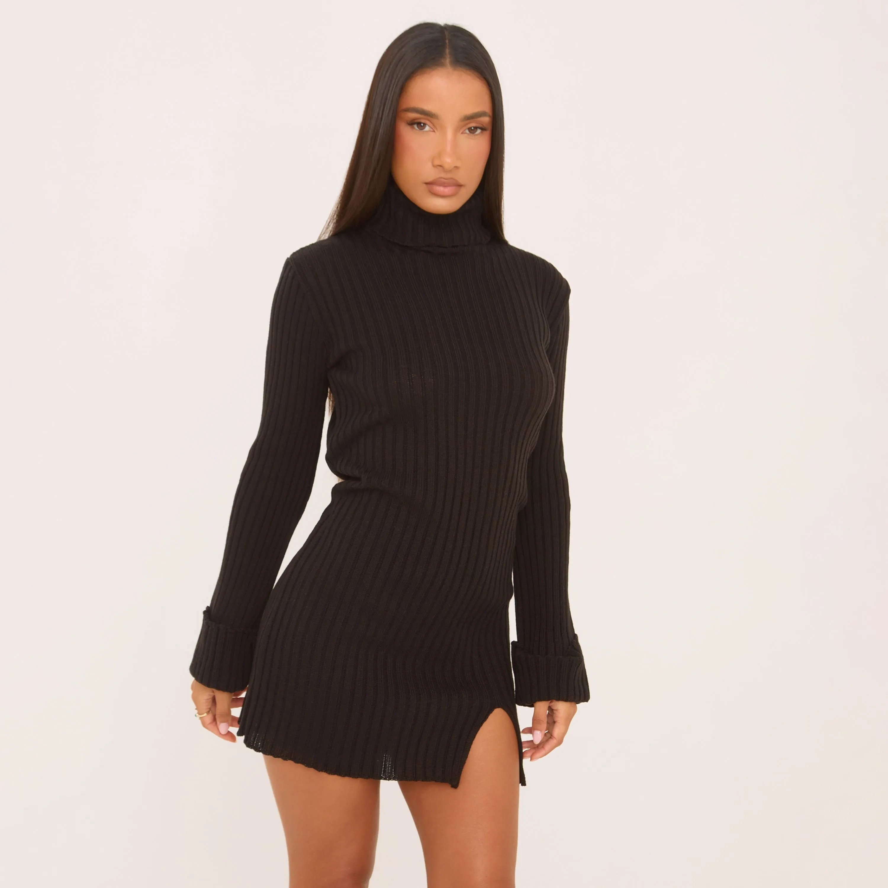 Long Sleeve High Neck Split Leg Mini Dress In Black Knit