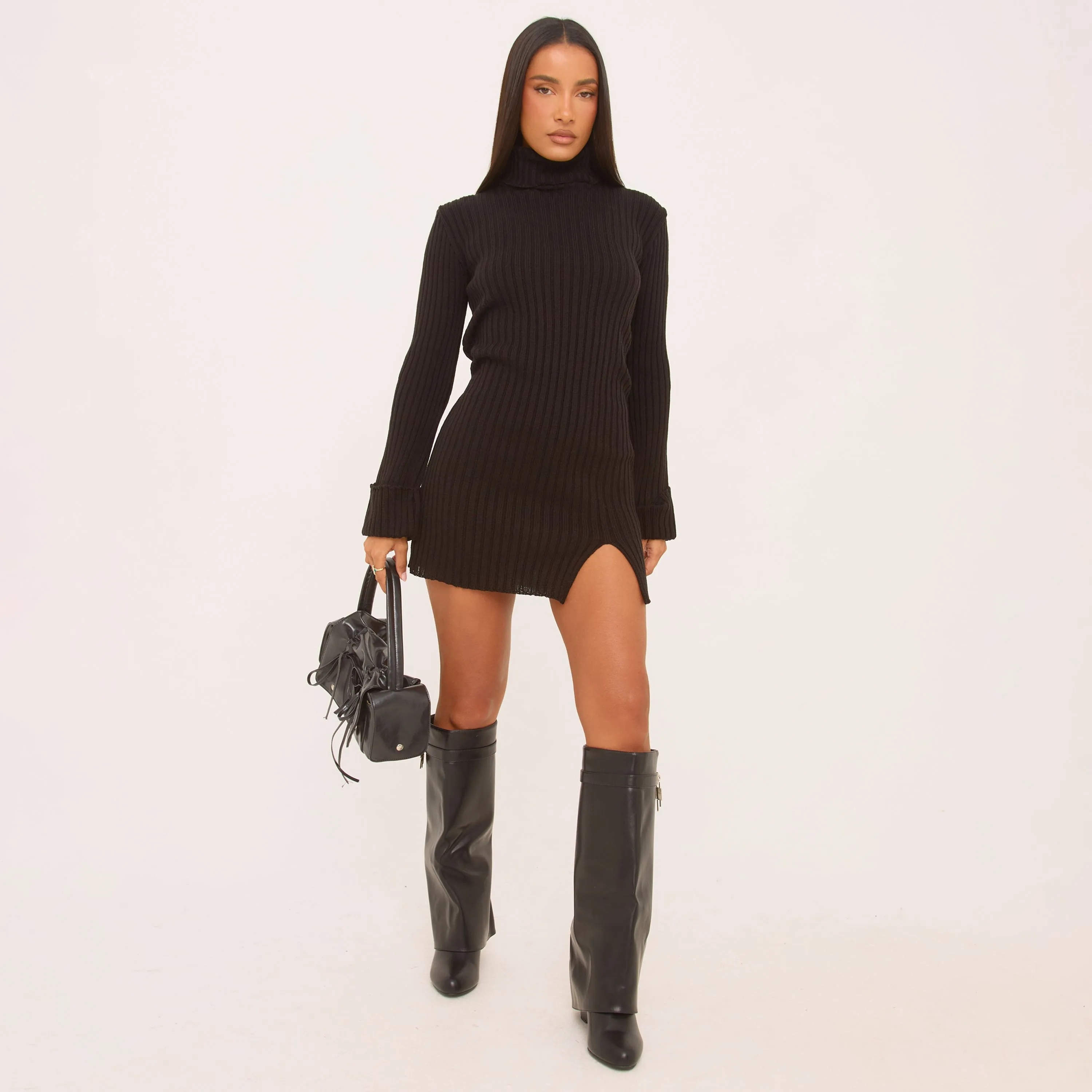 Long Sleeve High Neck Split Leg Mini Dress In Black Knit