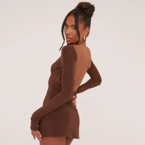 Long Sleeve Slash Neck Open Back Mini Dress In Brown Slinky