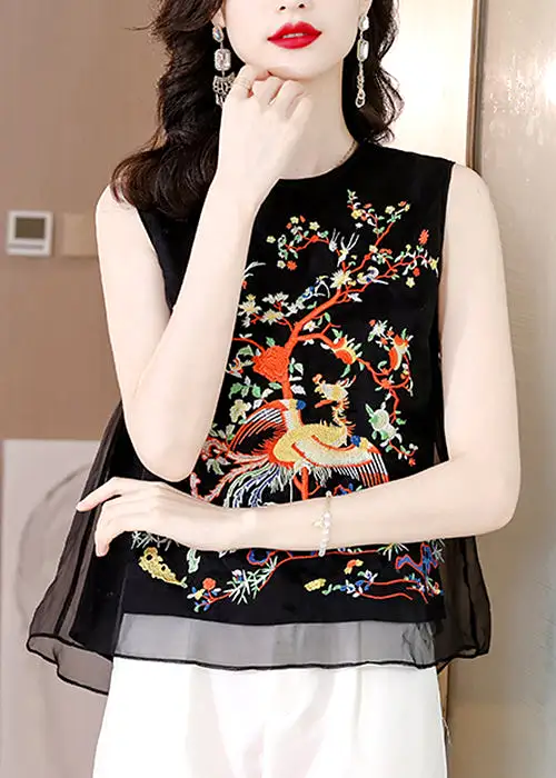 Loose Black O-Neck Embroidered Tulle Tank Sleeveless QA1068