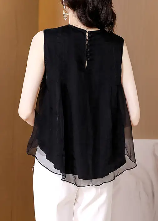 Loose Black O-Neck Embroidered Tulle Tank Sleeveless QA1068