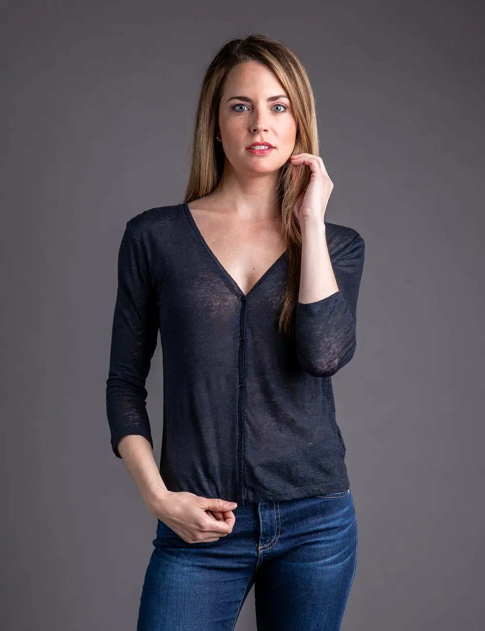 Majestic Stretch Linen Cardigan in Marine