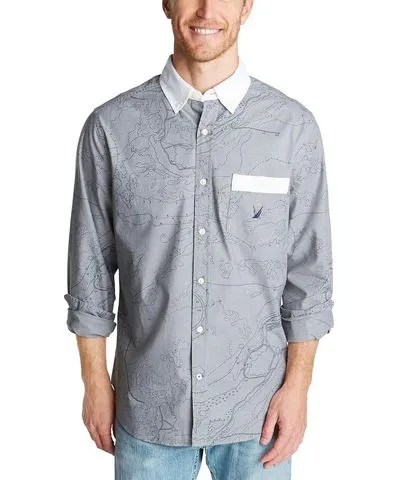 Nautica Blue Mens Oxford Map-Print Casual Shirt