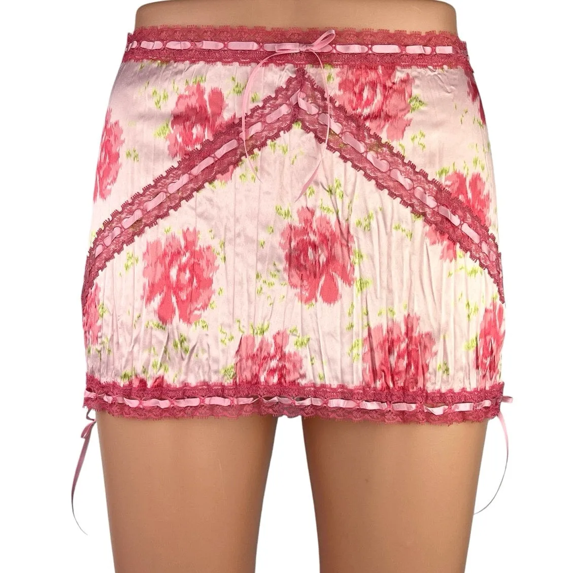 New Frankies Bikinis Pink Floral Silky Satin Lace Pencil Straight Mini Skirt S