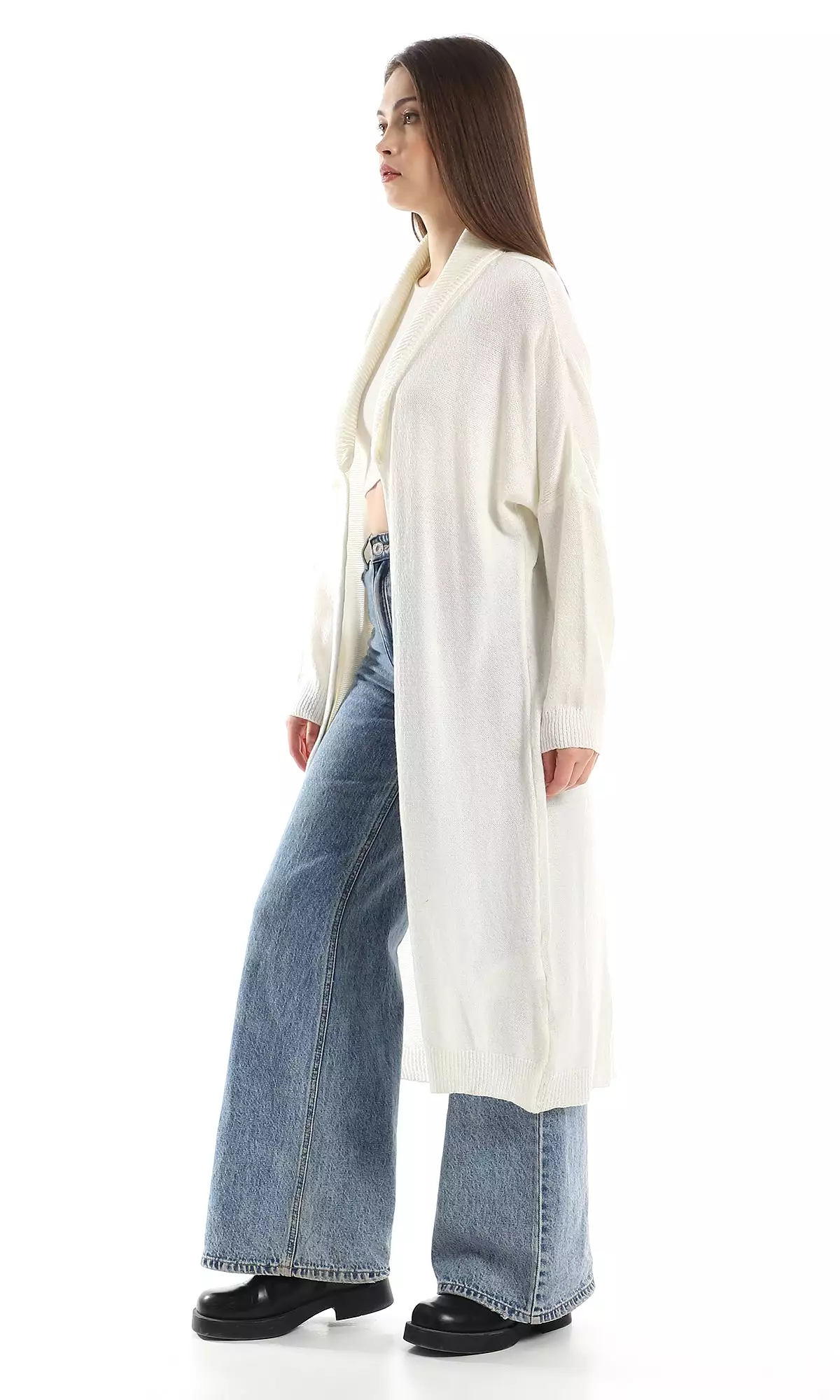 O158263 Acrylic Turn Down Open Neck Cardigan - Off White