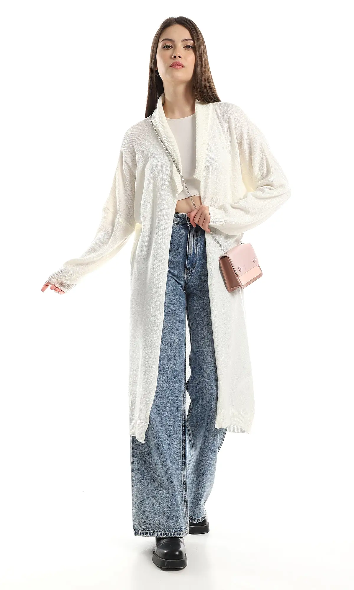 O158263 Acrylic Turn Down Open Neck Cardigan - Off White