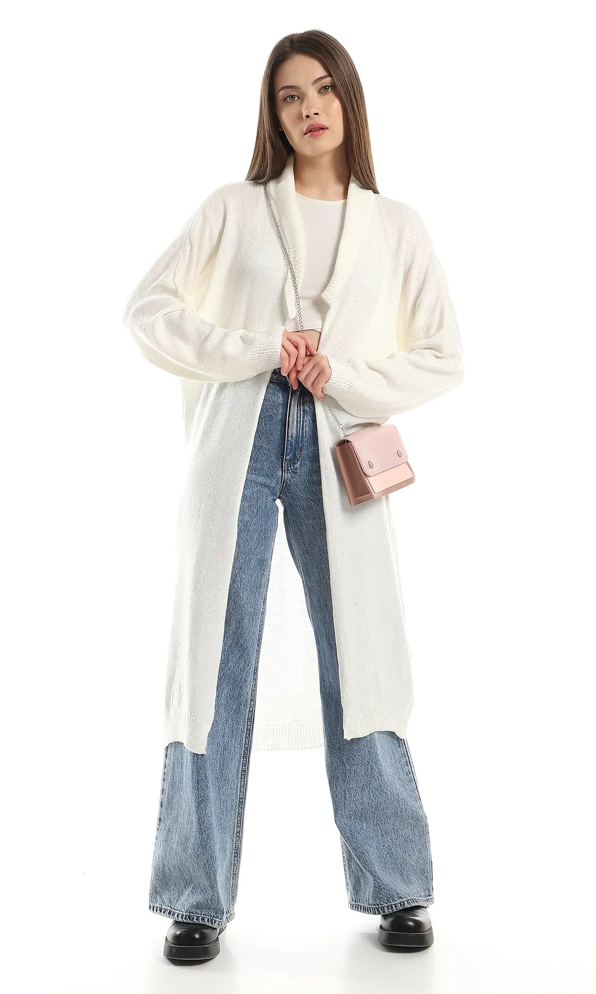 O158263 Acrylic Turn Down Open Neck Cardigan - Off White