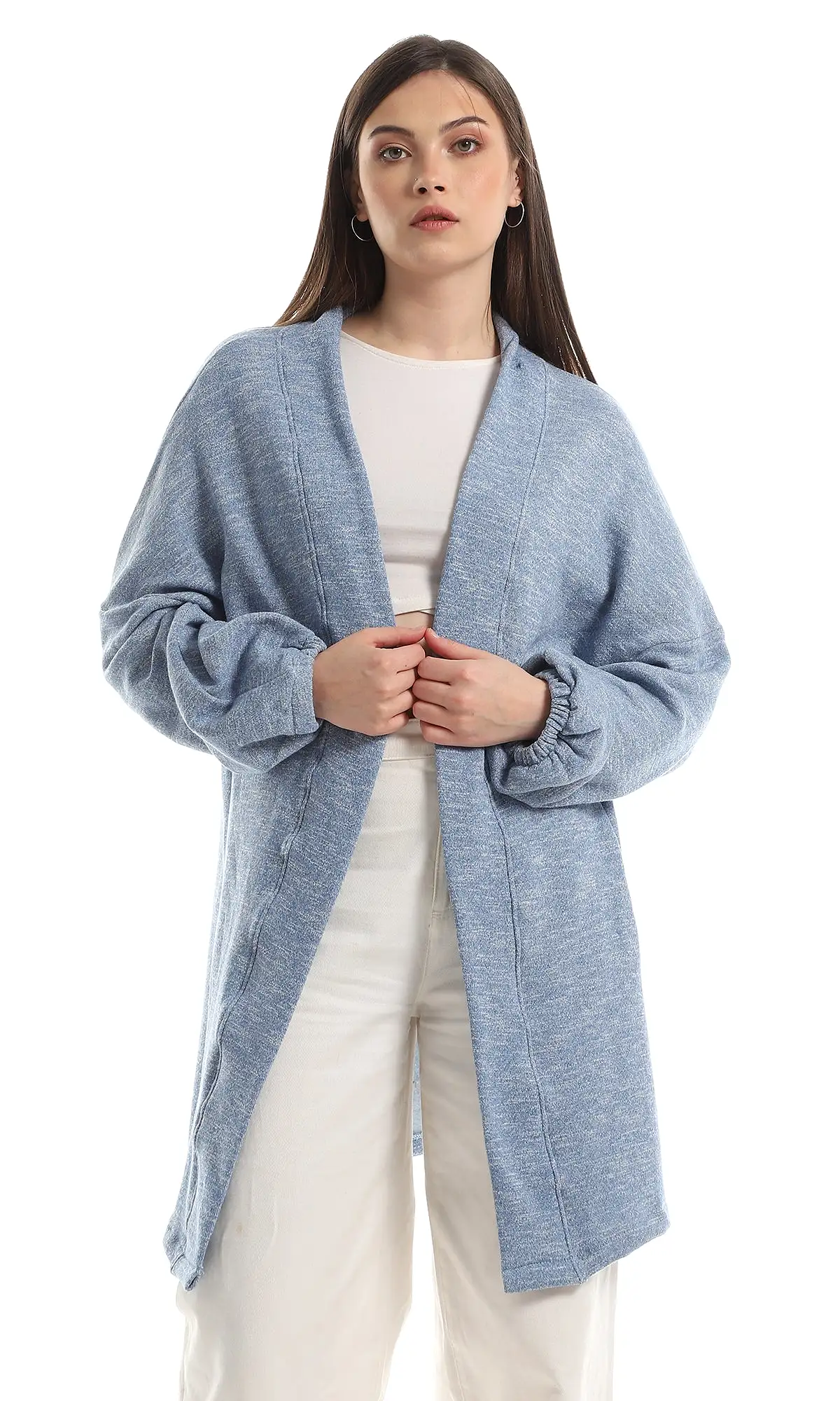 O162758 Inner Fleece Heather Baby Blue Slip On Cardigan