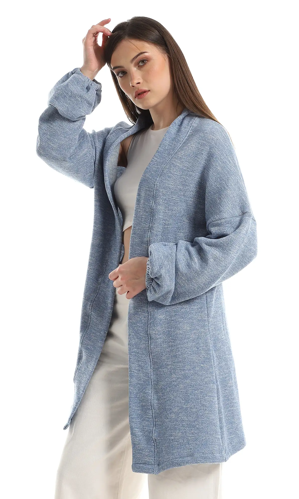 O162758 Inner Fleece Heather Baby Blue Slip On Cardigan