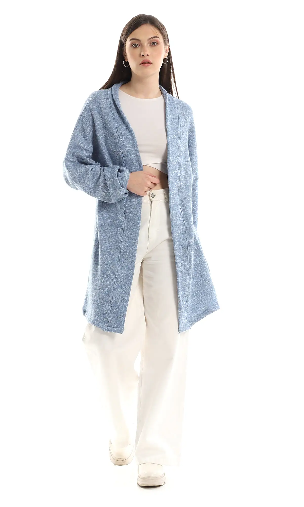 O162758 Inner Fleece Heather Baby Blue Slip On Cardigan