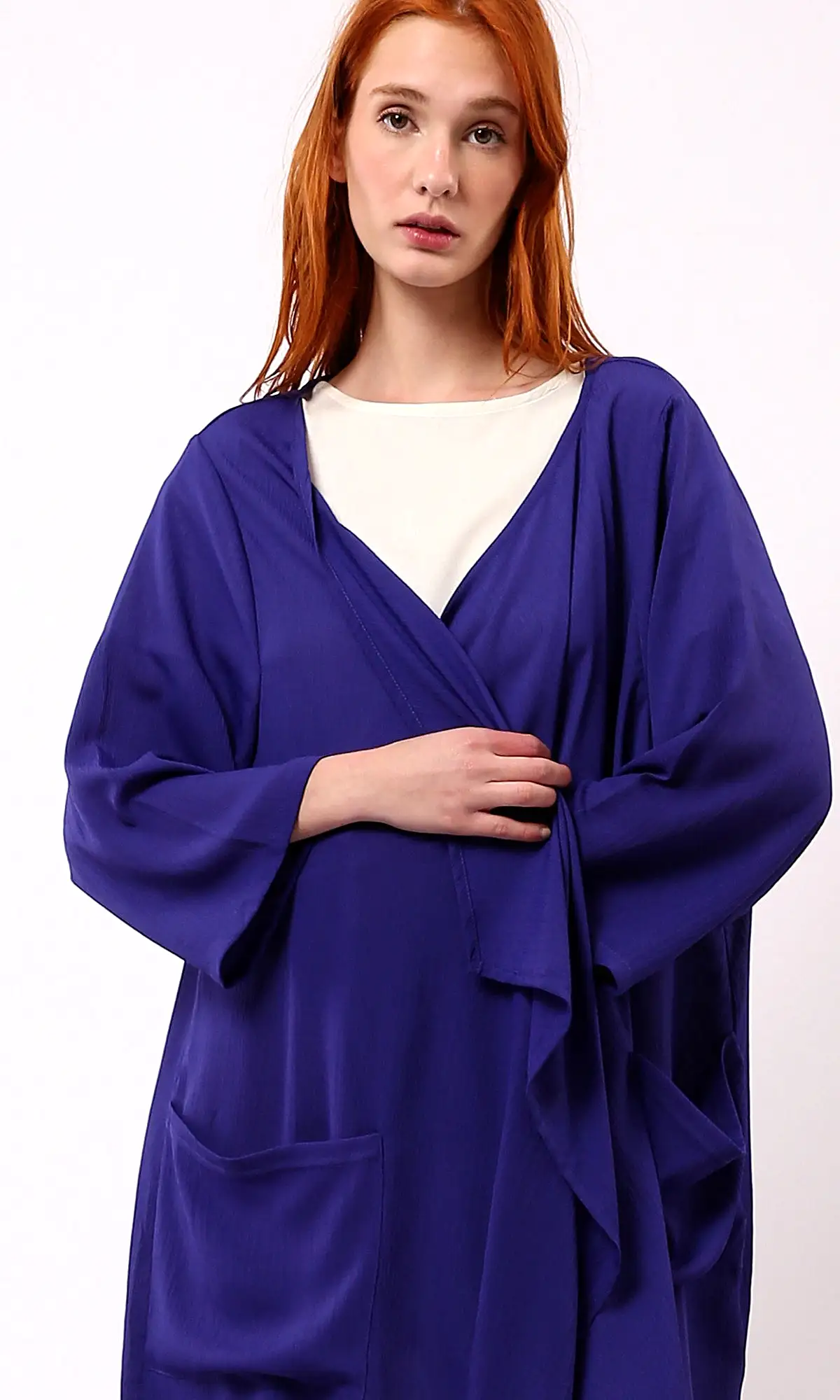 O188297 Dark Blue Solid Slip On Loose Cardigan