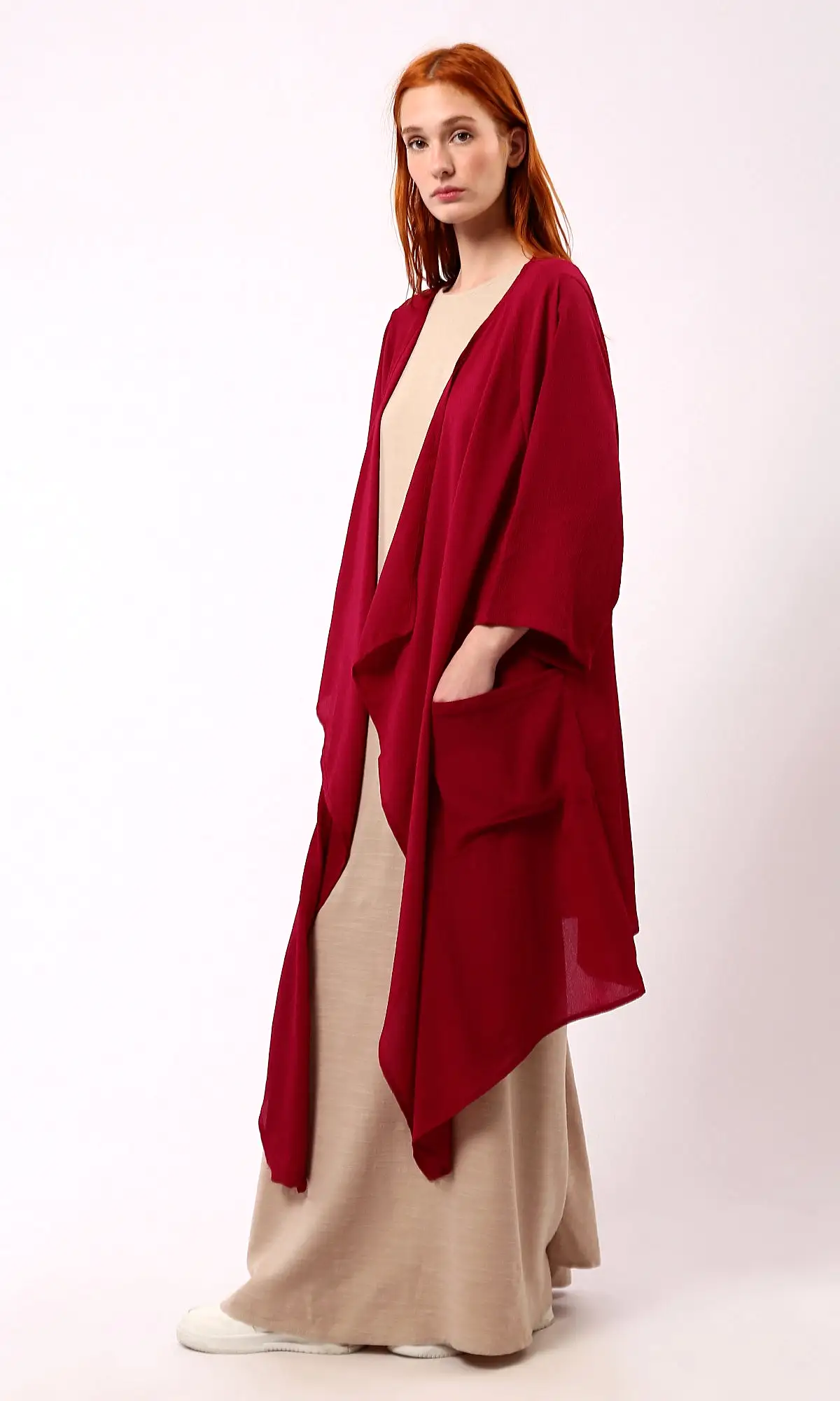 O188298 Dark Red Summer Cardigan With Side Pockets