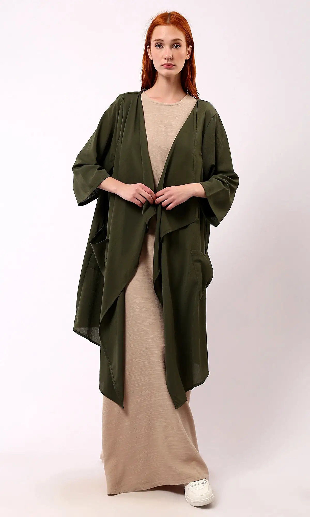 O188299 Asymmetric Neckline Loose Dark Olive Cardigan