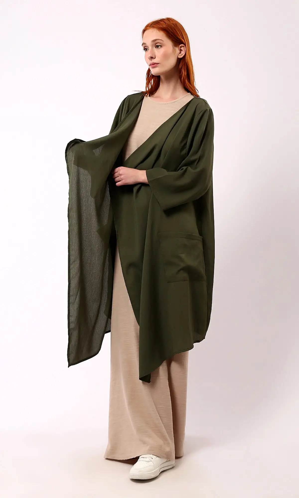 O188299 Asymmetric Neckline Loose Dark Olive Cardigan