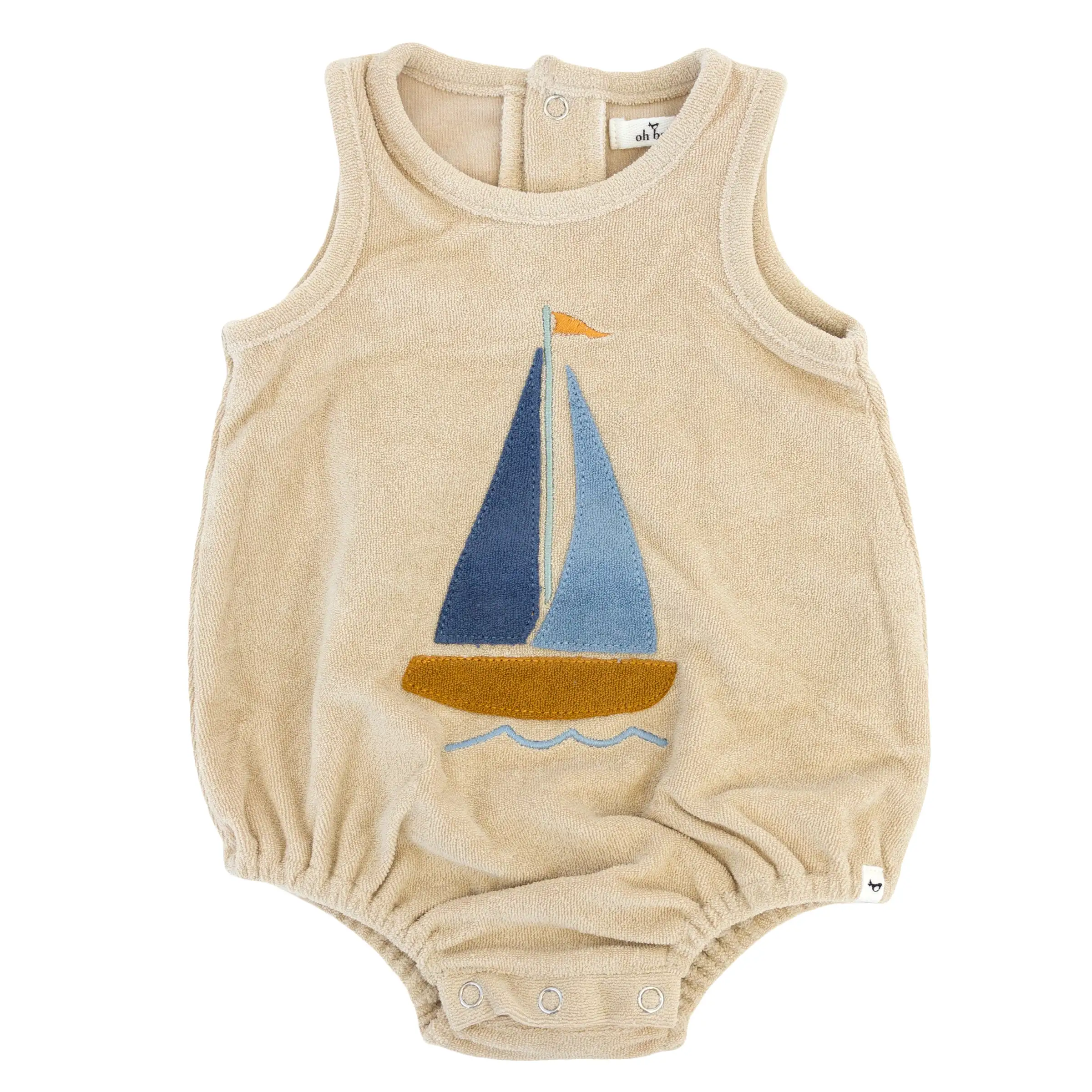 oh baby! Cotton Terry Bubble - Denim Sailboat Applique - Sand