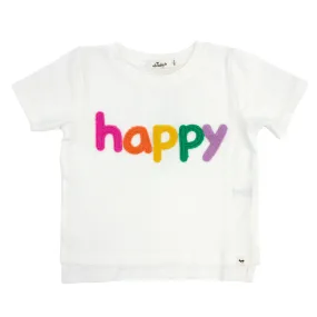 oh baby! Raw Edge Short Sleeve Cotton Slub Tee - Rainbow happy Applique - Oyster