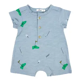 oh baby! Short Sleeve Button Neck Romper - Golf Print - Fog