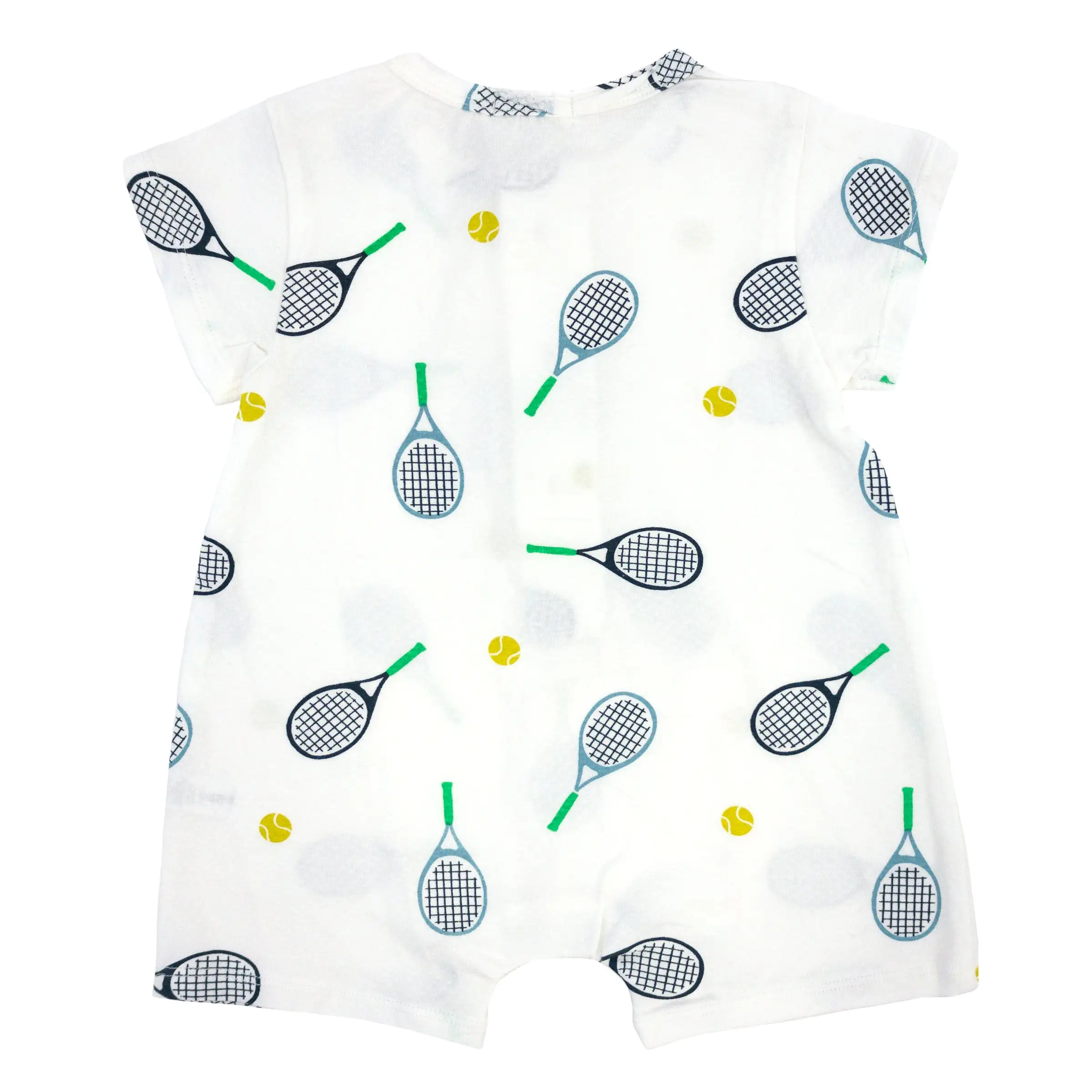 oh baby! Short Sleeve Button Neck Romper - Tennis Print - Oyster