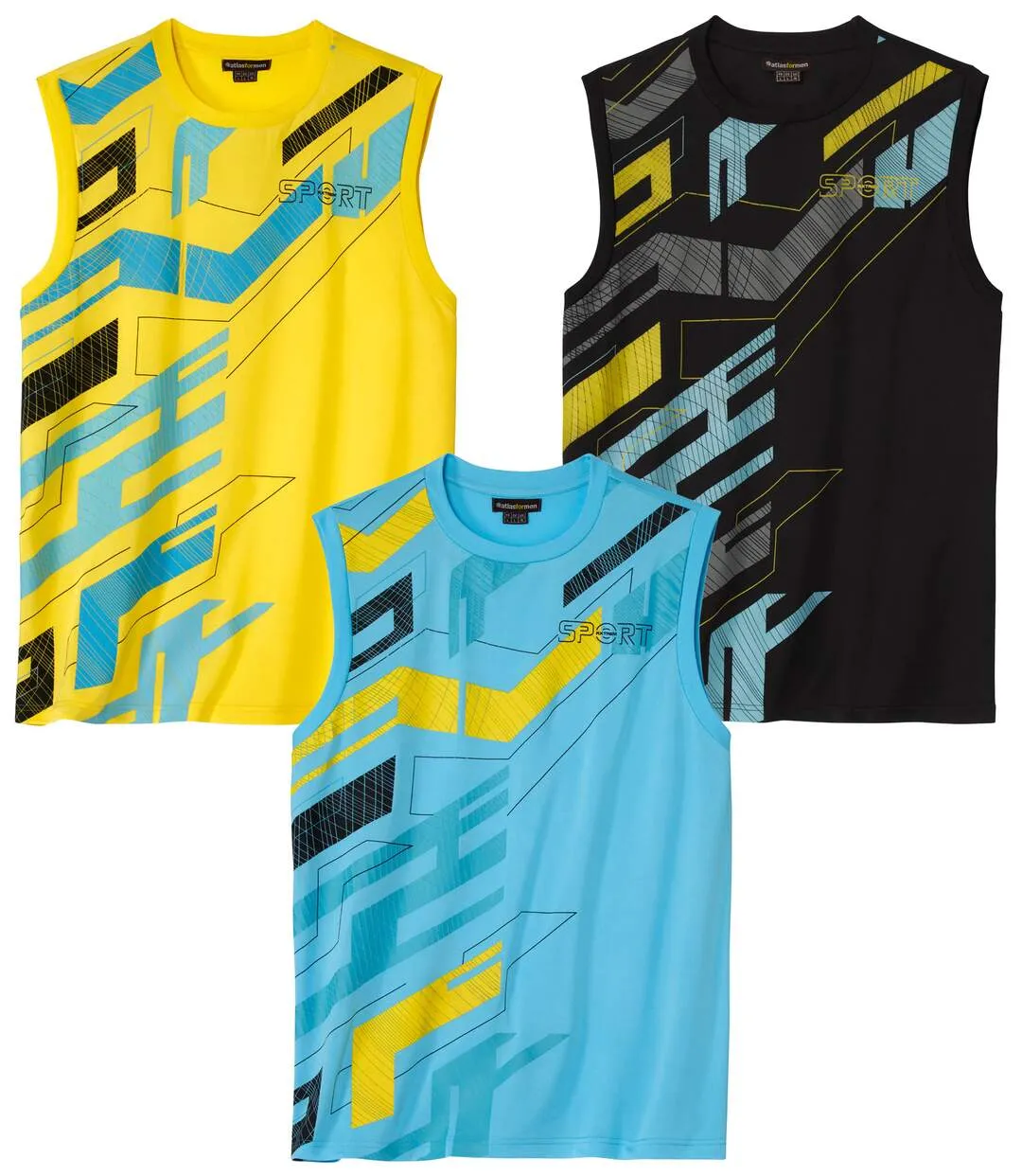 Pack of 3 Men's Sports Vests - Yellow Turquoise Black 