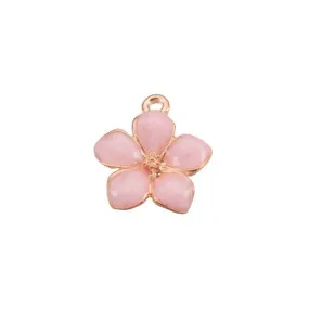 Pendants, Alloy, Flower, Single-Sided, Pearlized, Pink, Enamel, Light Gold Plated, 16.5mm