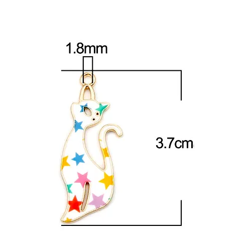 Pendants, Cat, Single-Sided, Enameled, Star Pattern, Gold Plated, Alloy, 37mm