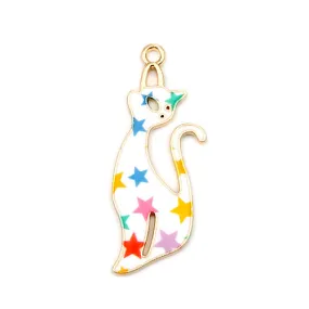 Pendants, Cat, Single-Sided, Enameled, Star Pattern, Gold Plated, Alloy, 37mm