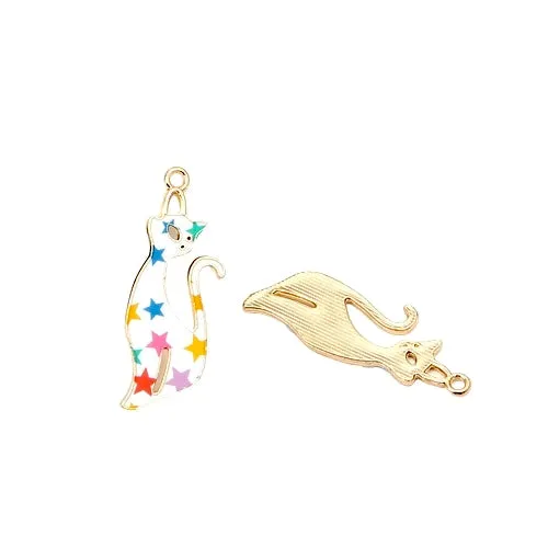 Pendants, Cat, Single-Sided, Enameled, Star Pattern, Gold Plated, Alloy, 37mm