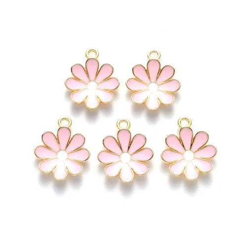 Pendants, Daisy, Flower, Single-Sided, Pink, Enameled, Light Gold Plated, Alloy, 19mm