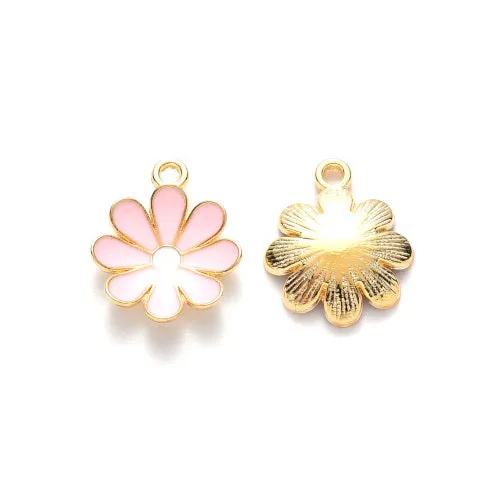 Pendants, Daisy, Flower, Single-Sided, Pink, Enameled, Light Gold Plated, Alloy, 19mm