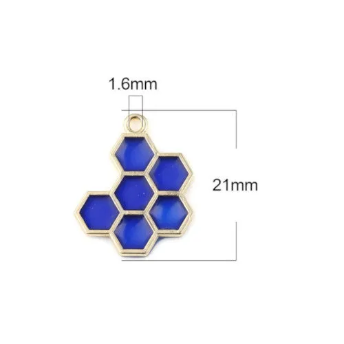 Pendants, Honeycomb, Blue, Enameled, Light Gold Alloy, 21mm