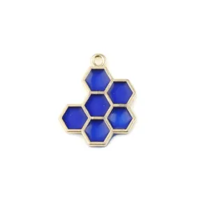 Pendants, Honeycomb, Blue, Enameled, Light Gold Alloy, 21mm