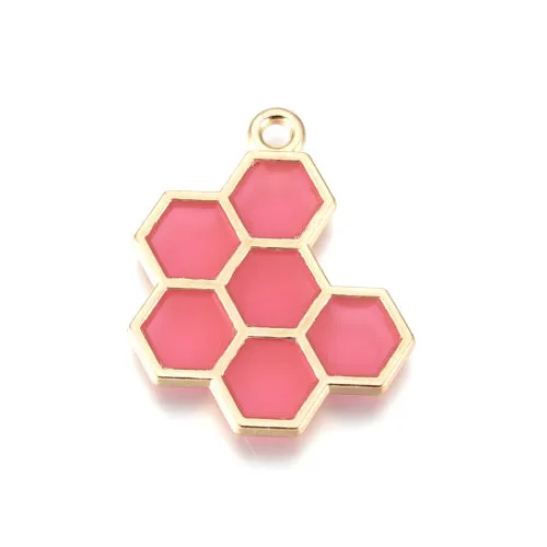 Pendants, Honeycomb, Pale Violet Red, Enameled, Golden, Alloy, 21mm