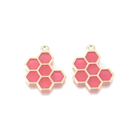 Pendants, Honeycomb, Pale Violet Red, Enameled, Golden, Alloy, 21mm