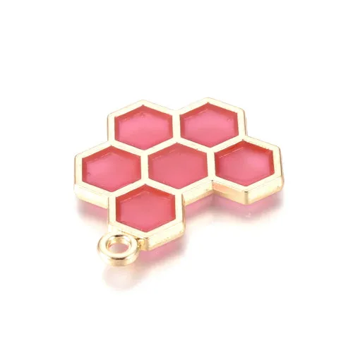 Pendants, Honeycomb, Pale Violet Red, Enameled, Golden, Alloy, 21mm