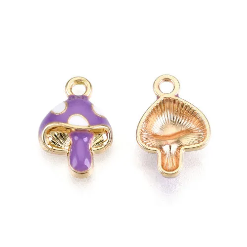 Pendants, Mushroom, Purple, White, Enameled, Single-Sided, Light Gold Plated, Alloy, 16mm