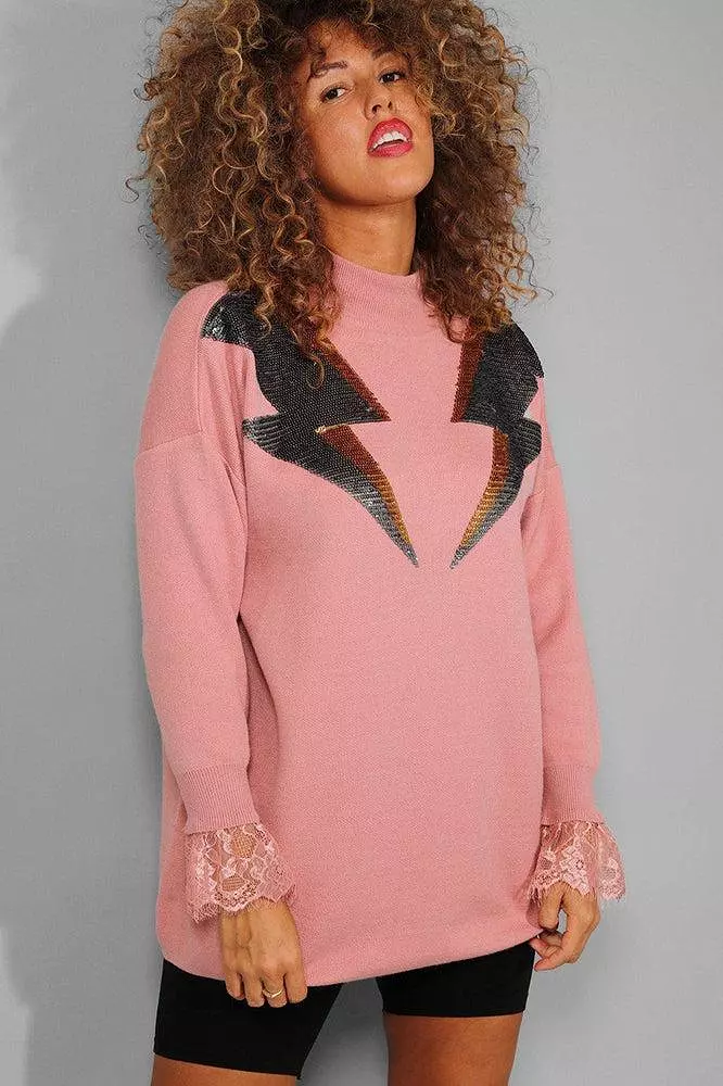 Pink Sequinned Lightning Lace Sleeve Trim Soft Knit Pullover